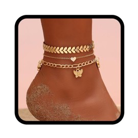 Handcess Boho Butterfly Anklets Gold Layered Heart Ankle Bracelets Beach Fishbone Foot Chains for Women and Girls