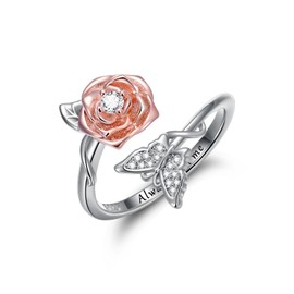 TOUPOP Rose Ring Christmas Gifts for Women 925 Sterling Silver Rose Flower Butterfly Rings Adjustable Wrap Open Adustable Rings Jewelry Gifts for Women Her Wife Bride Birthday Gifts