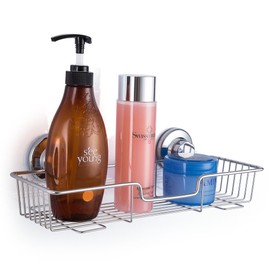 SANNO Shower Caddy Rustproof Bath Accessories with Vacuum Suction Cups,Strong Wall Holder Basket Storage Shampoo Conditioner, Soap - Stainless Steel