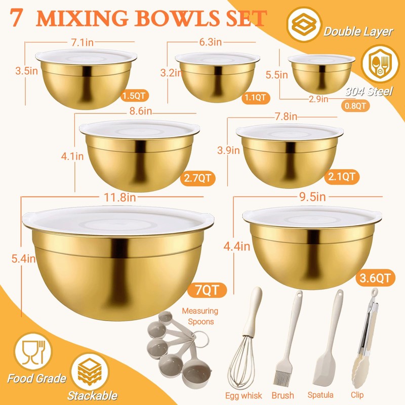 7 Pack Gold Mixing Bowls Set with 5 PCS Kitchen