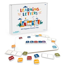 Learning Letters by Four Dublee - 109 Phonics Letter Tiles with Magnetic Spelling Board and Sound Boxes. Includes Letter Tiles Organizer Bags and Storage Box