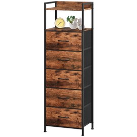 Somdot Tall Night Stand for Bedroom,Tall 5 Drawers Dresser, Vertical Storage Tower Unit, Nightstand Furniture with Fabric Drawer Organizer in Bedside Kids Room, Laundry Entryway, Wood Grain Print