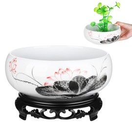 INOOMP Ceramics Water Lily Bowl with Stand 7 Inch Vintage Chinese Style Hydroponic Planter Pot Round Narcissus Flowerpot Bonsai Daffodil Planting Container Garden Decoration