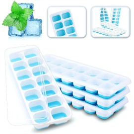 Bandejas para cubitos de hielo, paquete de 4, silicona de fácil liberación y bandejas flexibles para 14 hielos con tapa extraíble resistente a derrames, LFGB y BPA Free, duradero apilable - Azul