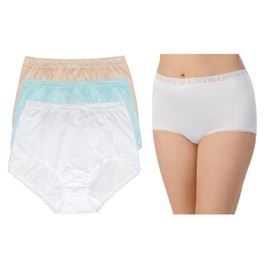 Lorraine Women's Underwear Lace Trim Full Brief Panties 3 Pack Multipack (Regular & Plus Size) - Size 6, Blue/Pearl/Buff