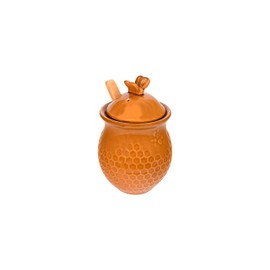 Creative Co-Op Small 3 Piece Yellow with Decorative Bees Stoneware Honey Jar with Lid & Wood Honey Dipper