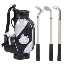 Mini Desktop  Golf Bag Pen Clock  Zinc Alloy PU Leather with Golf Pens Souvenir Set GiftBlack Silver