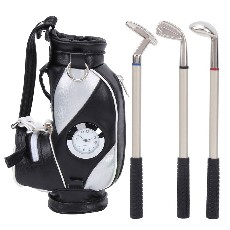 Mini Desktop Golf Bag Pen Clock Zinc Alloy PU Leather