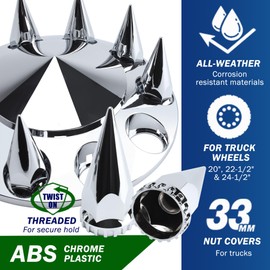 Vitonsbay 2 Front Spiked Axle Wheel Covers - 2 Front Axle Hub Covers with 33mm Thread-On Chrome Lug Nut Covers for Semi Truck (Installation Tool Included)