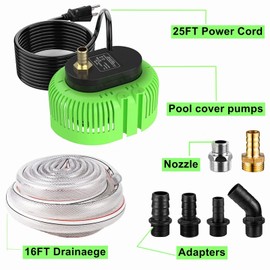 LMOSCAR Pool Cover Pump Above Ground，Submersible Water Sump Pump Swimming Water Removal Pumps, with 16 Feet Drainage Hose & 25 Feet Extra Long Power Cord, 850 GPH inGround, 6 Adapters