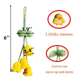 Cute Car Accessories Crochet for Women Interior Aesthetic Things Handmade Knitted Pink Flowers Lily of The Valley Rearview Mirror Hanging Dashboard Decoration Pendant Ornament Blue Plant