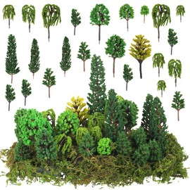 Tigeen 28 Pcs Model Trees Mixed Model with 1.4 Ounce Faux Green Moss Decor Tree Train Scenery Architecture Trees for DIY Crafts, Building Model, Scenery Landscape (Natural Green)