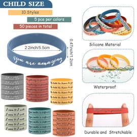 Sieral 50 Pcs Inspirational Wristbands Motivational Rubber Bracelets Thank You Gifts Bulk for Students Women Men Stretch Quote Silicone Bracelets(Kids Size,Bright Colors)