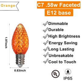 Rainmin Orange C7 LED Christmas Lights Replacement Bulbs, 25 Count, 0.58 Watt, UL Listed, IP65 Waterproof, Dimmable, Faceted