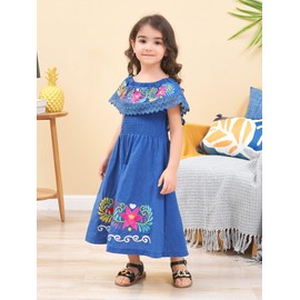 Vestidos Mexicanos para Niñas Royal Blue Flower Embroidery Traditional Dress for Girls Cinco De Mayo Fiesta Size 7-8