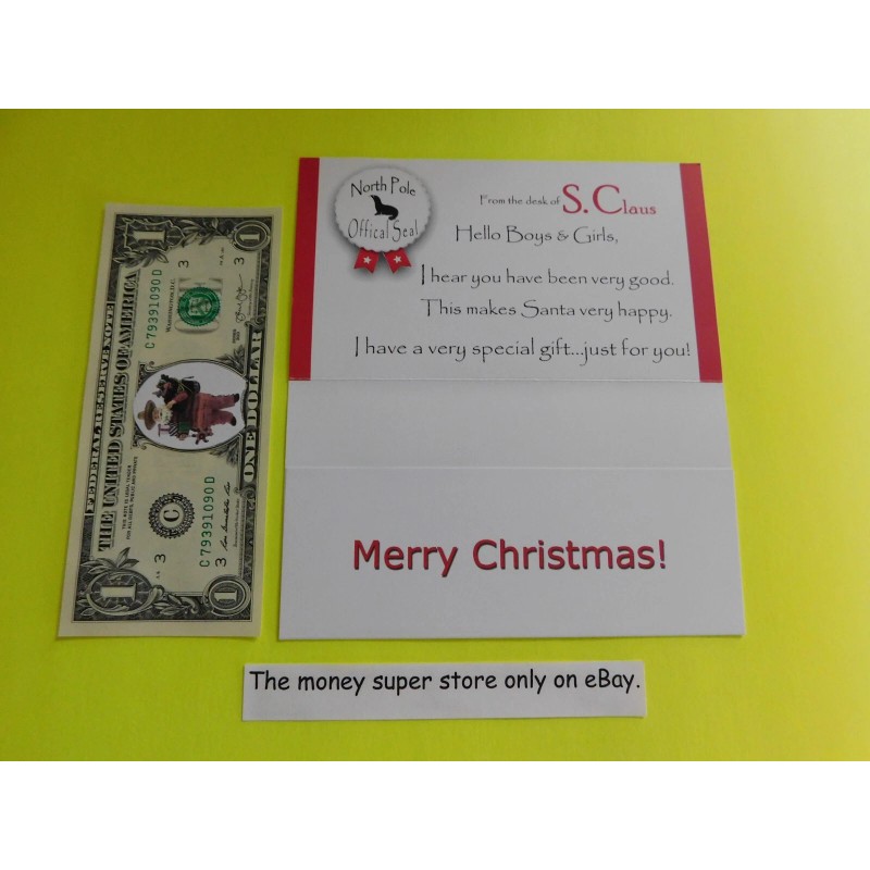 Papá Noel hispano Billete, tarjeta y sobre de un dólar