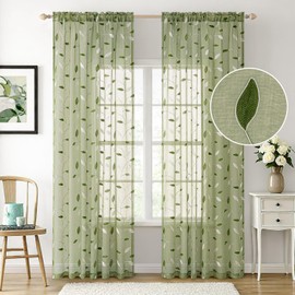 MIULEE Sage Green Sheer Curtains 2 Panels Embroidered Leaf Patterned Rod Pocket Floral Semi Sheer Faux Linen Window Curtains Drapes Set for Living Room Bedroom Dining Room, 52x84 Inches Long