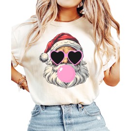 Santa Blowing Bubble Gum Shirt for Women and Teens Cool Santa in Pink Heart Sunglasses Tee Ivory Shirt Adult Large