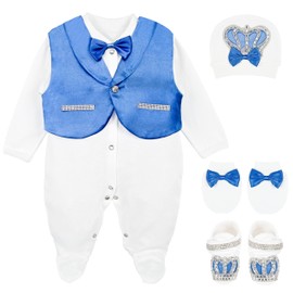 Lilax Baby Boy Jewels Crown Tuxedo Outfit Layette 5 Piece Gift Set 0-3 Months, Royal Blue, 0-3 Months
