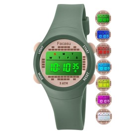 Facasu Kids Digital Watch for Girls Boys,Children's Waterproof Colorful Light UP Outdoor Sport Watch with Stopwatch Alarm-Kids Gifts for Girls Boys (Darkgreen), 2247L