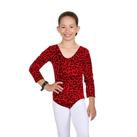 Hamishkane Kids Girls Long Sleeve Crew Neck Leopard Print Gymnastics Dance Jersey Bodysuit -