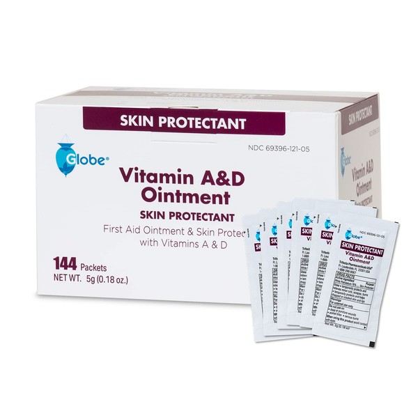 Globe (Box of 144) Vitamin A & D Ointment, First Aid & Skin Protectant with Vitamins A&D, 5g Packets, 144-Packets Box, Lanolin & Petrolatum Formula for Men, Women & Baby Skin