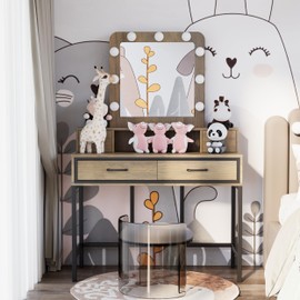 RoyalCraft Vanity with Lights, Makeup Vanity Desk with 3 Color Dimmable Lighted Hollywood Mirror, Brown Vanity with 4 Drawers, Large Dressing Table for Women Girls, Brown