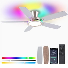 BYKISTOK 52" RGB Ceiling Fan with Light and Remote/App - Flush Mount Ceiling Fan Light with Reversible Mute Motor, RGB Ring, 5 Dual-Sided Blades, Low Profile Ceiling Fans for Indoor, Party