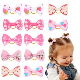 Toddler Hair Bows Ties for Baby Girls - 12Pcs Pink Baby Hair Bows Hot Pink Hair Elastics Bow Kids Hair Ties Rubber Ribbon Hair Bands Toddler Hair Accessories for Baby Girls Kids Toddlers Gifts