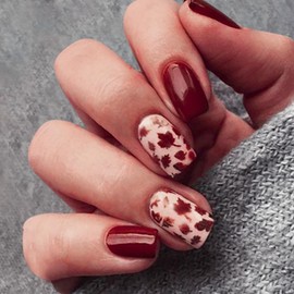 Press on Nails Short Square OFDNE Fall Fake Nails False Nails with Designs Red Maple Leaves Full Cover Glossy Glue on Nails Stick on Nails for Women Girls 24 Pcs