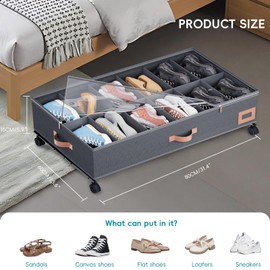Under Bed Shoe Storage with Wheels, Set of 2, Fit 12 Pairs, Dorm Room Essentials, Shoe Organizer Under Bed Solution with Clear Window, Breathable, Shoe Organizer for Closet