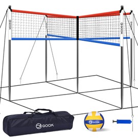 GOOX 4 Square Volleyball Net Game Set, 14 FT 4-Way Volleyball Net for Backyard Beach Lawn, Portable Four Square Volleyball Net for Adults & Youths with Vollyball, Pump, Carry Bag(red and Blue)