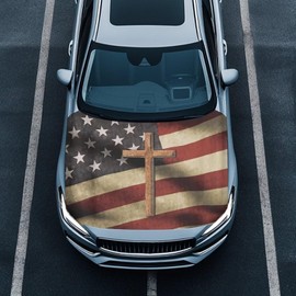 Wetoricau Cross American Flag Pattern Car Hood Cover Weather-Resistant Automotive Hood Covers Washed Auto Hood Flag Universal Fit for SUV Pickup Trucks