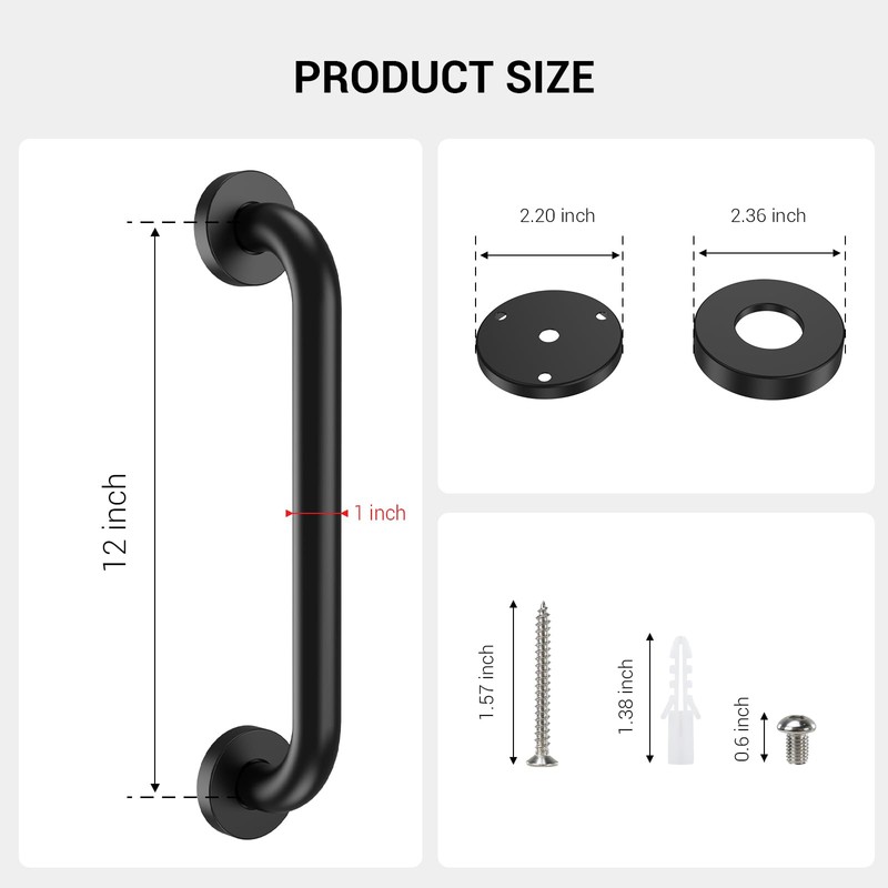 12 Inch Grab Bars for Wall Black, Safety Shower Grab