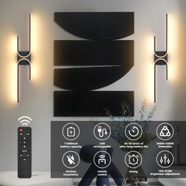 Battery Operated Wall Sconce with Remote Control, USB Rechargeable Wireless Wall Sconce Set of 2, LED Dimmable Wall lamp, 3 Color/Timer/Memory, Black Wall lights for Bedroom Living Room, 31.5 inch