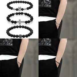 Cupimatch Bracelet Beads Men Women 8mm Agate Lava Rock Stone Bracelets Set Buddha Beads Bangle Bracelet for Women Men, Metal