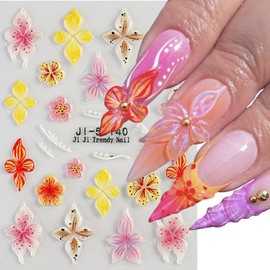 Flower Nail Art Stickers, 4PCS 5D Embossed Sticker for Nail Art, Spring Floral Nails Design 5D Relief Decals Hibiscus Flowers Nail Adhesive Sticker Slider Charm Decor DIY Manicure Accessories Supplies