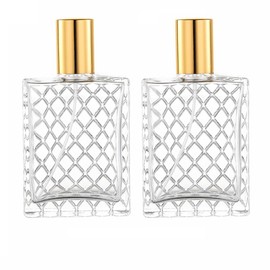 ConStore 2pcs 100ml Square Grids Carved Perfume Bottles Clear Glass spray bottle Empty Refillable fine mist Atomizer Portable Travel Cologne Atomizers Fragrance Sprayer for Party Home (gold cap)