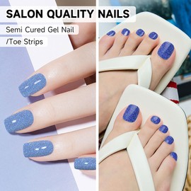 DUKASOU Gel Nail Stickers, Semi Cured Gel Nail Strips & Toenail Stickers 2 Set (Shiny Blue),Long Lasting, Gifts for Women, Works with UV Lamp, Includes Prep Pads, NailFile & Wooden Stick