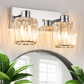 AMRUIPO 2 Light Crystal Bathroom Light Fixtures Chrome Vanity Lights Modern Bathroom Wall Sconces for Mirror Kitchen Living Room Hallway Porch
