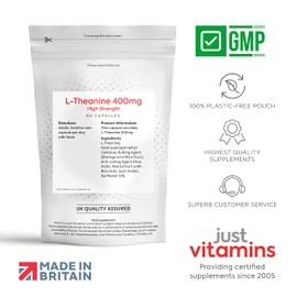 L-Theanine 400mg x60 High Strength Vegan Capsules (2 Month Supply) GABA Alternative, Brain Power Nootropic L Theanine Supplement - Non GMO, Caffeine Free, Made in UK by Just Vitamins