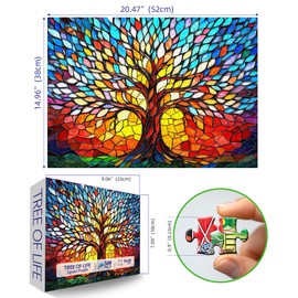 500 Piece Puzzles for Adults Stained Glass Tree of Life Puzzle for Adults Colorful Mosaic Jigsaw Puzzles 500 Pieces with Letters on Back Hard Impossible Difficult Challenging Family Puzzle(21"x15")