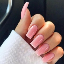 Uñas postizas acrílicas reutilizables, largas, cuadradas, estilo ataúd, medianas, con pegamento, naturales, gruesas, 24 colores sólidos, para mujer