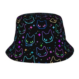 Psychedelic Cat Neon Bucket Hats Fashion Sun Cap Packable Outdoor Fisherman Hat for Women and Men