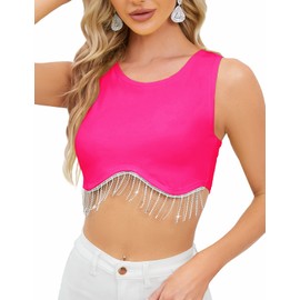 CYCLAMEN 2023 Sparkly Rhinestone Fringe Crop Tank Top Nashville Glitter Tassel Short Sleeves One Shoulder Concert Top, Tank, Hot Pink, L