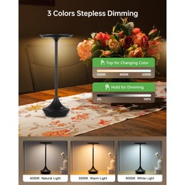 Moddeny Rechargeable Cordless Table Lamps, Portable 4000mAh Battery Table Lights, 3 Color Stepless Dimming LED Wireless Desk Light with Memory Function for Outdoor/Dinner/Bar/Restaurant/Camping