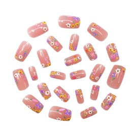 24 Pcs Colorful Flowers Press on Nails Short Square Shaped Fake Nails Spring Embossed Floral False Nails Designs Full Cover Acrylic Nails Stick on Nails for Women Nails Manicure Decoration