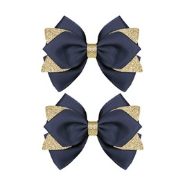 Koolgil 4-inch Glitter Hair Bow Clips Girls Sparkly Ribbon Bow Cheer Barrettes Alligator Hairpins for Baby Girls, Toddler, Kids and Teens Accessories Gift Set of 2 (Navy Blue)