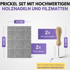 Filzada 2 x Prickelnadel Set Children – High-Quality and Thick Felt Plate as a Pricking Pad 20 x 15 cm – Perfect for Crafts and DIY – 2 Pieces Needles & 2 Pieces Felt Pad – Children – Prickel Set