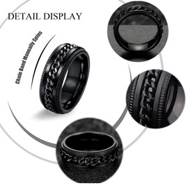 EIELO 9Pcs Stainless Steel Band Rings for Men Women Cool Fidget Spinning Chain Ring Anxiety Relief Fashion Simple Wedding Engagement Black Ring Set